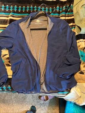 healing hands navy blue lightweight shirt jacket with gray lining